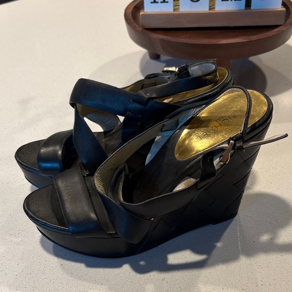 Michael Kors Black Leather Wedge Sandals - Picture 1 of 6